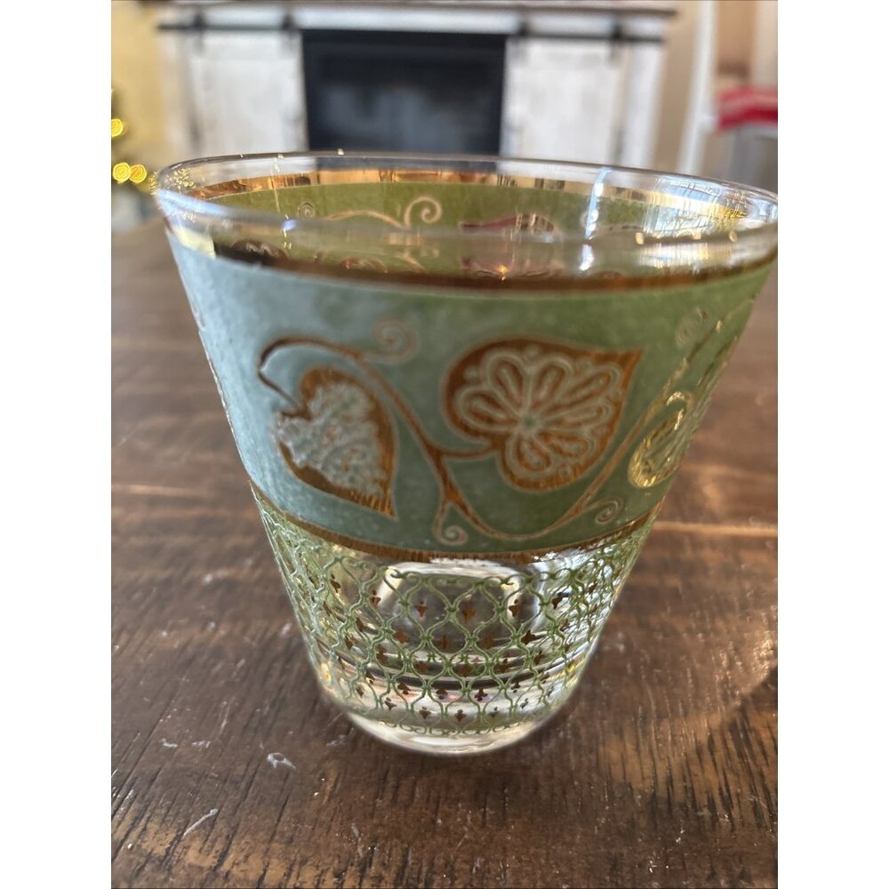 2 Vintage CULVER TOLEDO Tumbler Lowball Glasses Green Gold Scrolls Filigree 4” - Picture 2 of 4